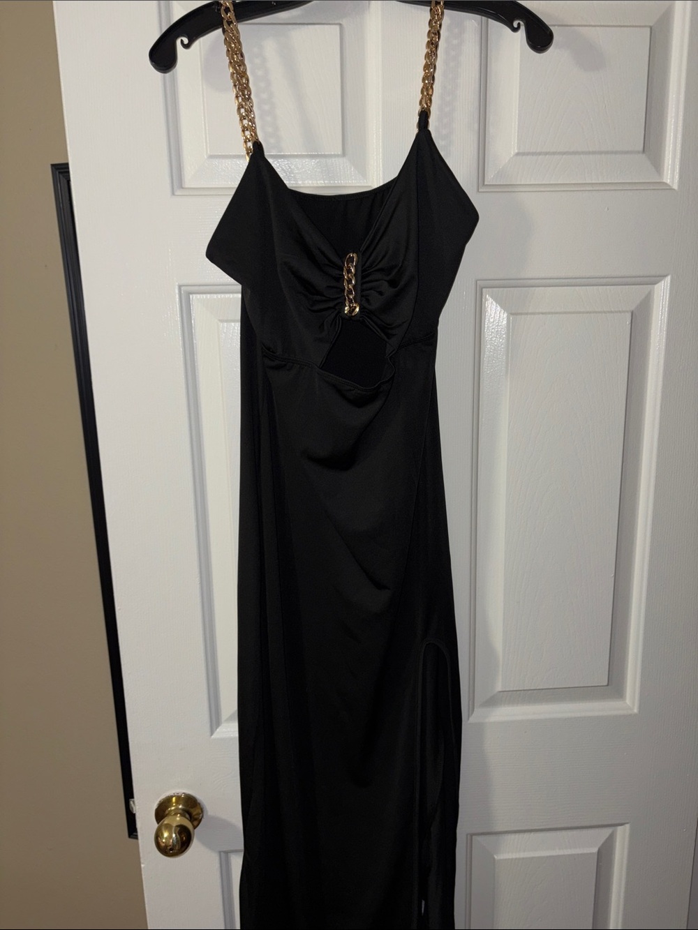 Fashion Brand Company Black Maxi Dress with Gold Chain Straps